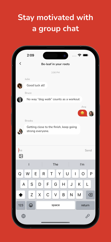 GymRats · Fitness challenge - Un écran de discussion de groupe dans l'application fitness GymRats où les utilisateurs s'encouragent mutuellement pendant un défi.