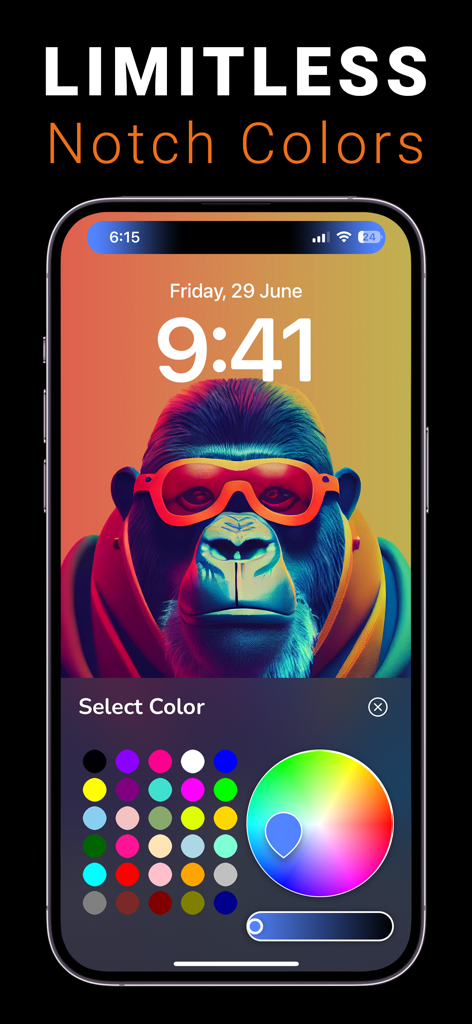 INFI: Dynamic Island Wallpaper - Pantalla de la aplicación INFI que muestra la función de personalización del color del notch con un fondo de pantalla de gorila vibrante y una rueda de selección de color.