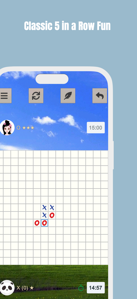 > Tic Tac Toe - Screenshot of a Tic Tac Toe 5 in a Row game match on a 15 by 15 grid with a nature landscape background.
