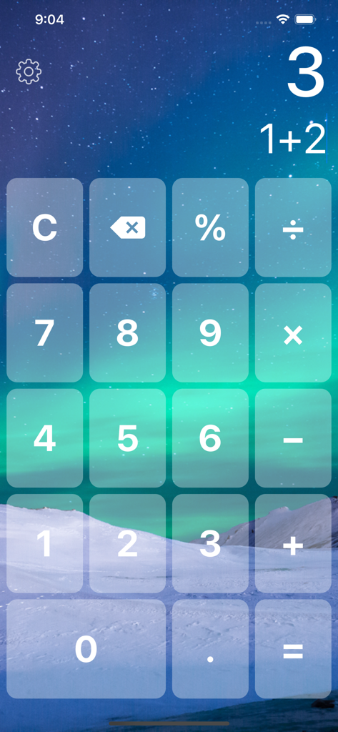 Big Button Calculator Pro Lite - Large button calculator interface with a northern lights background theme showing a simple calculation