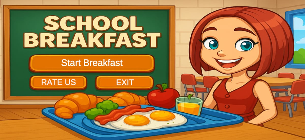 School Breakfast:Cooking games - Main menu of the School Breakfast cooking game featuring a cheerful character and a tray of breakfast food
