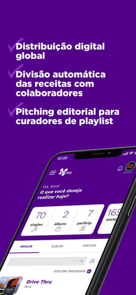 Panel de la aplicación móvil MusicPro que muestra las funciones de distribución de música y las estadísticas de lanzamientos de artistas.