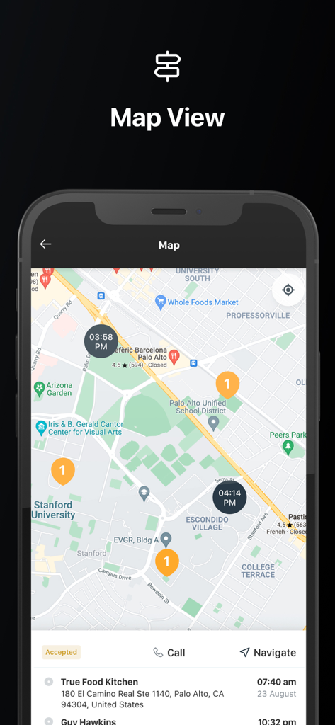Interfaz de vista de mapa de My Driver App que muestra las ubicaciones de entrega y los detalles del pedido.