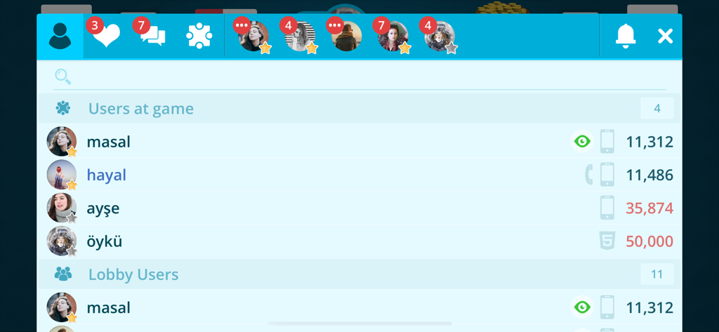 Social lobby interface of the Okey Online app showing a list of active users with their nicknames and scores