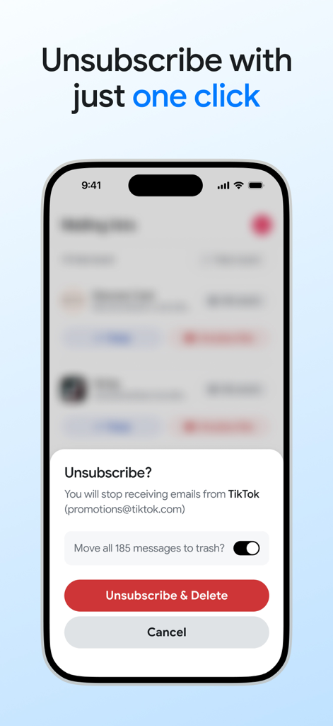 Email Cleaner: Inbox Zapper - Screenshot of Inbox Zapper app showing a one click unsubscribe and bulk delete confirmation for TikTok emails