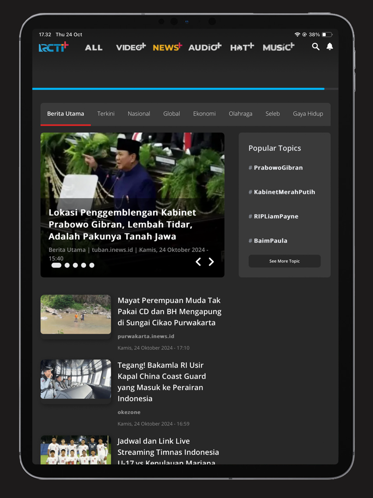 Interfaccia dell'app RCTI plus su iPad che mostra la sezione Notizie plus con articoli di notizie indonesiane.