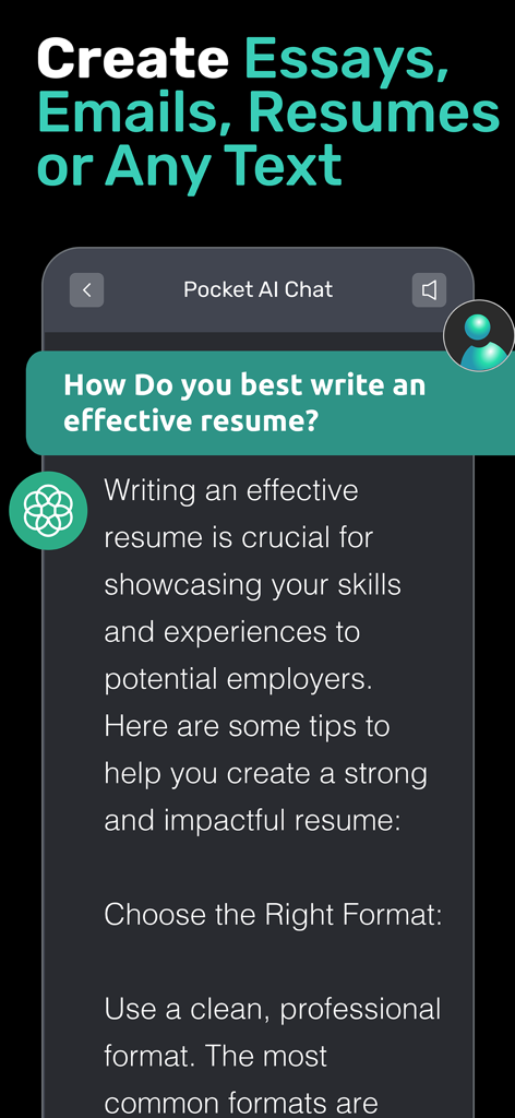 PocketAI chatbot interface showing a user asking how to write an effective resume with the AI providing detailed professional advice