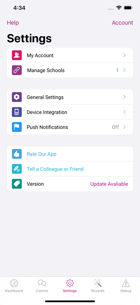 iTeacher App - Settings screen of the iTeacher App showing account management school settings and notification options