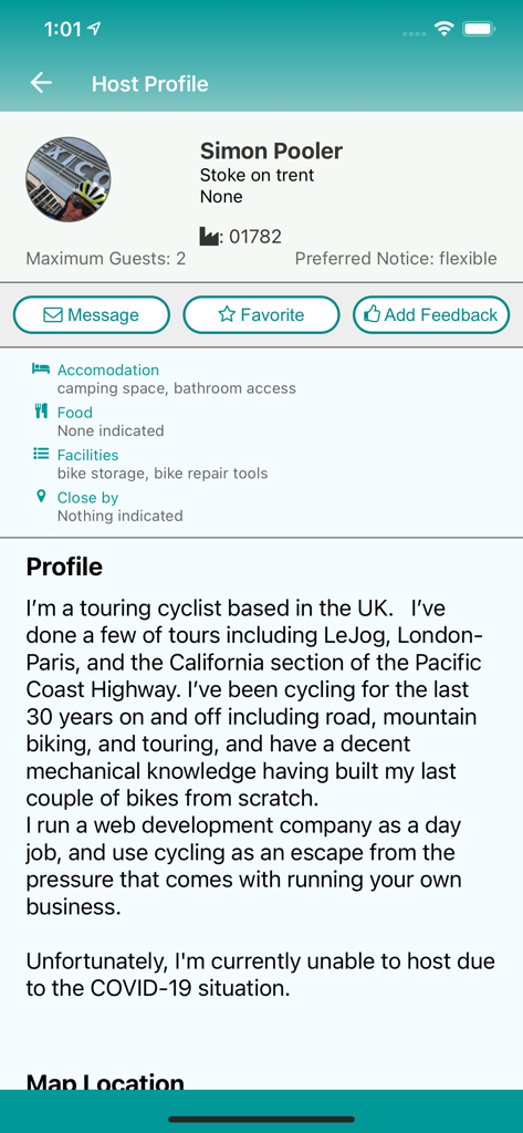 Warmshowers App - Warmshowers app host profile screen showing cycling host details and accommodation options