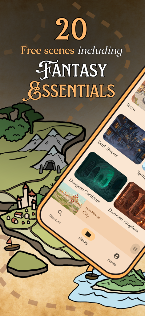 Pocket Bard - Pocket Bard mobile app interface displaying a library of fantasy RPG soundscape scenes.