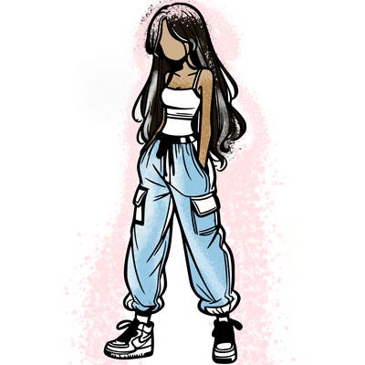 girl in baggy pants crop top and long hair