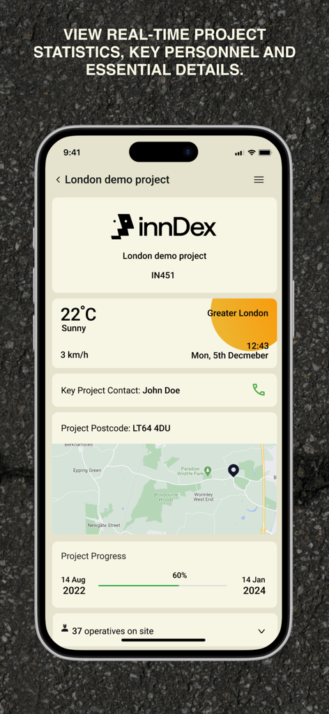 innDex - innDex app interface displaying real-time construction project statistics including weather, contact info, site map, and progress tracking.