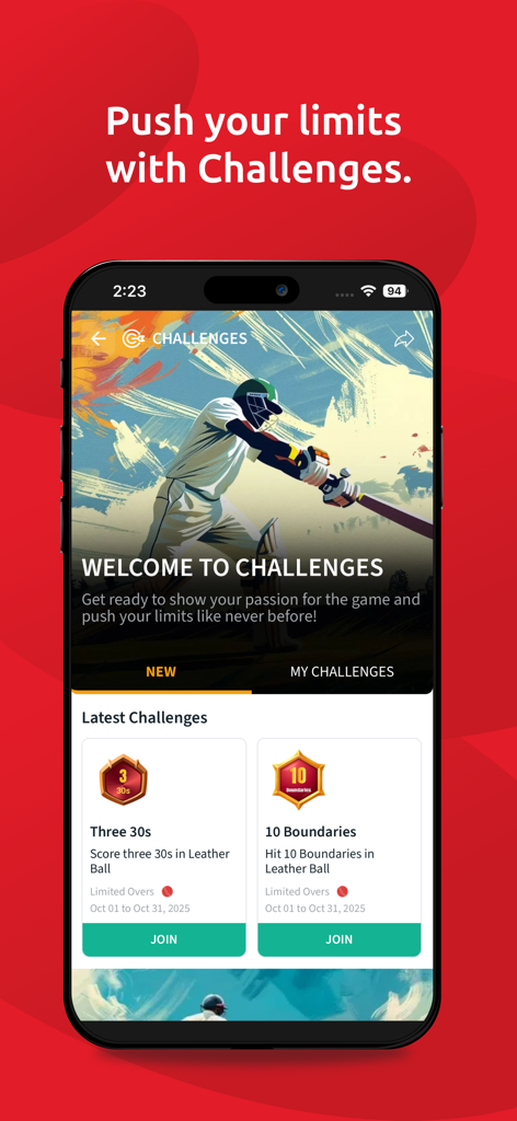 CricHeroes app screen showing cricket challenges and achievement badges for players