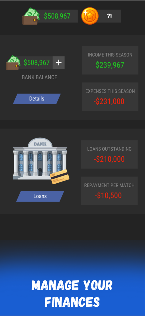 Pantalla de gestión financiera en Wicket Cricket Manager que muestra el saldo bancario, los ingresos de temporada, los gastos y el estado del préstamo.