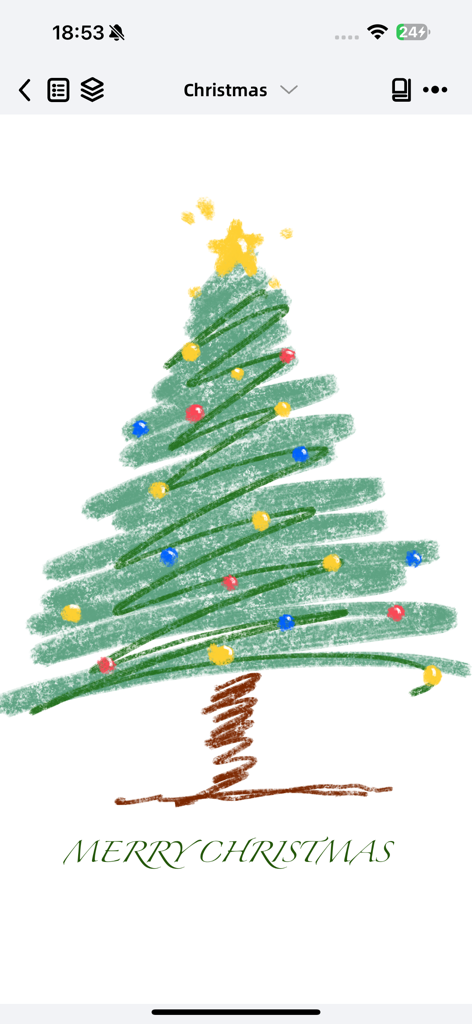 Wellnote-Notes&PDF - A digital sketch of a Christmas tree with decorations and handwritten Merry Christmas text created in the Wellnote app.
