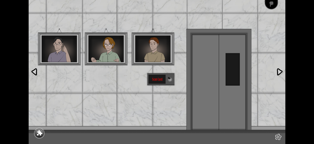Unknown - Foggins - Gameplay screenshot of Unknown Foggins showing character portraits and an elevator with a card scanner on a marble wall