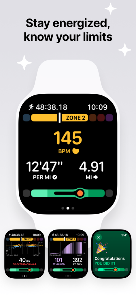 Gentler Streak 앱을 위한 실시간 심박수 구간 및 운동 지표를 보여주는 Apple Watch 인터페이스