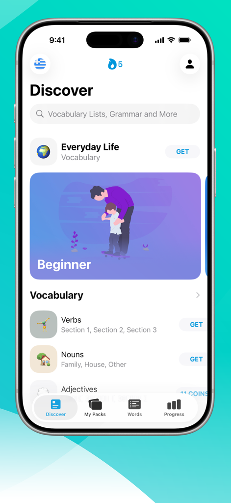 Der Entdecken-Bildschirm der Learn Greek with LENGO App zeigt Vokabeln und Grammatik-Kategorien für Anfänger.