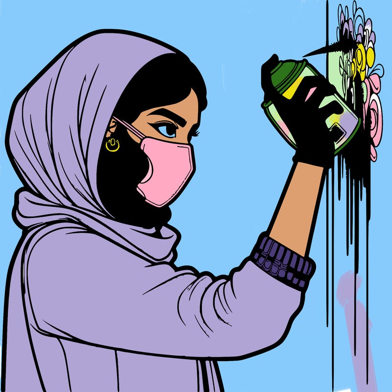 realistic girl with mask spray painting a wall