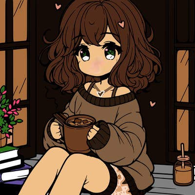 cute anime girl reading book and drinking hot chocolate from mug with loose wavy hair wearing a baggy sweatshirt and shorts sitting by windowsill looking out
