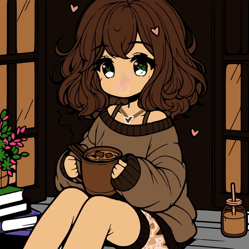 cute anime girl reading book and drinking hot chocolate from mug with loose wavy hair wearing a baggy sweatshirt and shorts sitting by windowsill looking out