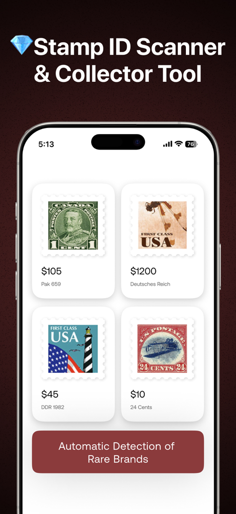 Stamp Value Identifier AI - 推定市場価値が表示された識別済み切手を示すStamp Value Identifier AIアプリのインターフェース