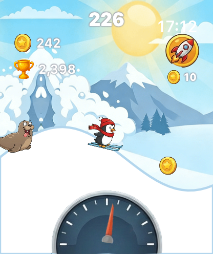 A penguin skiing on a snowy mountain slope while being chased by a seal.