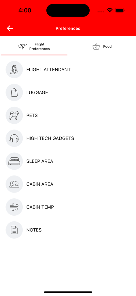 Fly Air - Écran des préférences dans l'application Fly Air permettant aux utilisateurs de personnaliser les caractéristiques des jets privés comme les animaux, les gadgets et la température de la cabine.