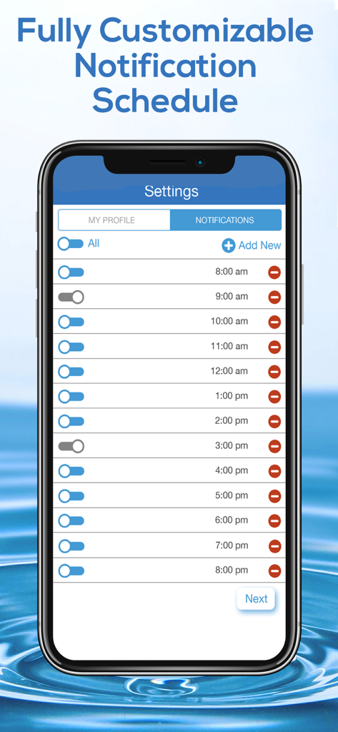 Daily Water Tracker Reminder - Pantalla de configuración de notificaciones de la aplicación Daily Water Tracker que muestra una lista de recordatorios de agua personalizables