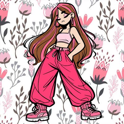 girl in baggy pants crop top and long hair