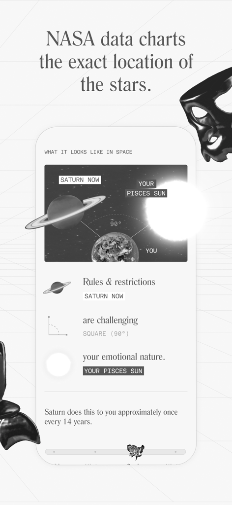 Interface de l'application Co-Star affichant les positions planétaires et les informations astrologiques basées sur les données de la NASA.