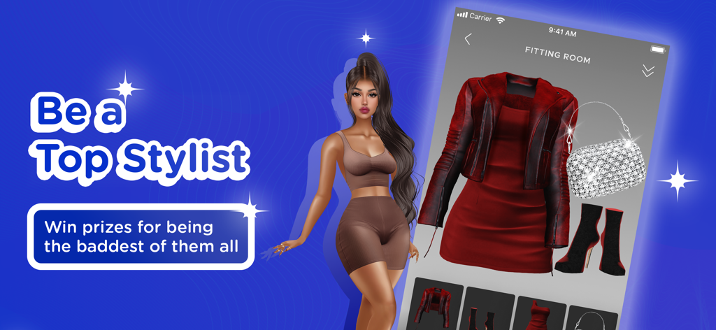 Un avatar féminin en 3D se tient à côté d'un écran de téléphone portable affichant une cabine d'essayage virtuelle avec des tenues rouges et un sac à main scintillant.