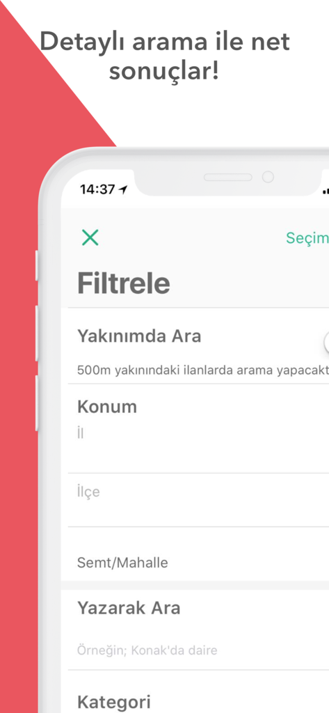 Emlaksitem | Emlak İlanları - Interface of Emlaksitem app showing detailed property search filters for location and category.