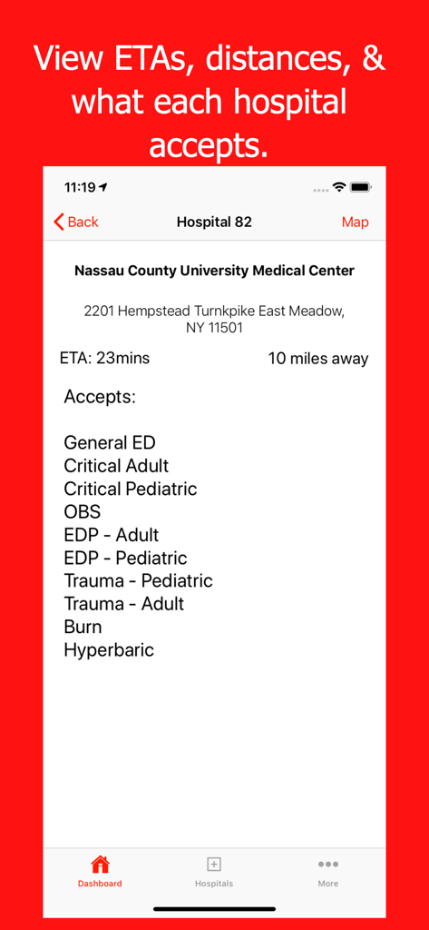 Mobile MDT - NYFD - Mobile MDT app showing hospital details with ETA distance and medical categories accepted