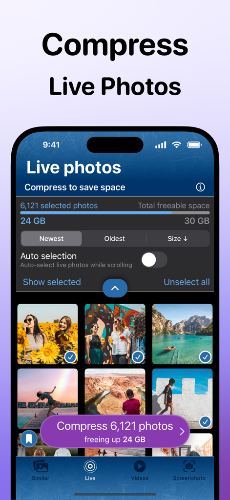 AI Storage Photo Cleaner - Interface de l'application montrant la fonction de compression des Live Photos pour libérer de l'espace de stockage
