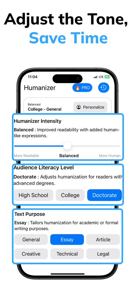 Pass AI Humanizer app interface showing settings for humanizer intensity, audience literacy level, and text purpose selection.