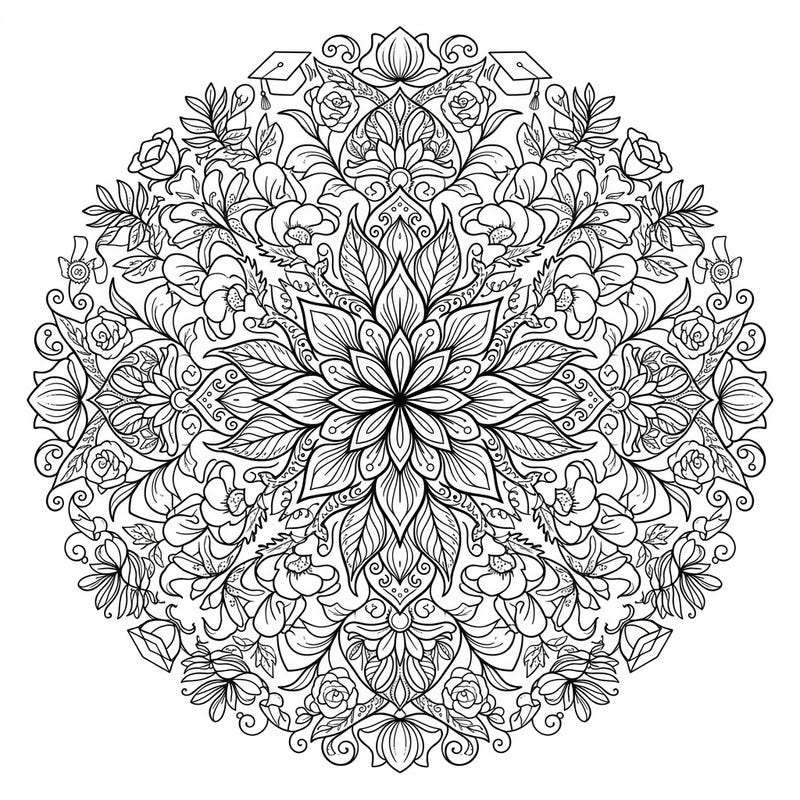 This unique coloring page combines the serene beauty of a floral mandala with subtle, celebratory graduation motifs. It offers a wonderfully intricate design perfect for mindful coloring and honoring academic achievements.