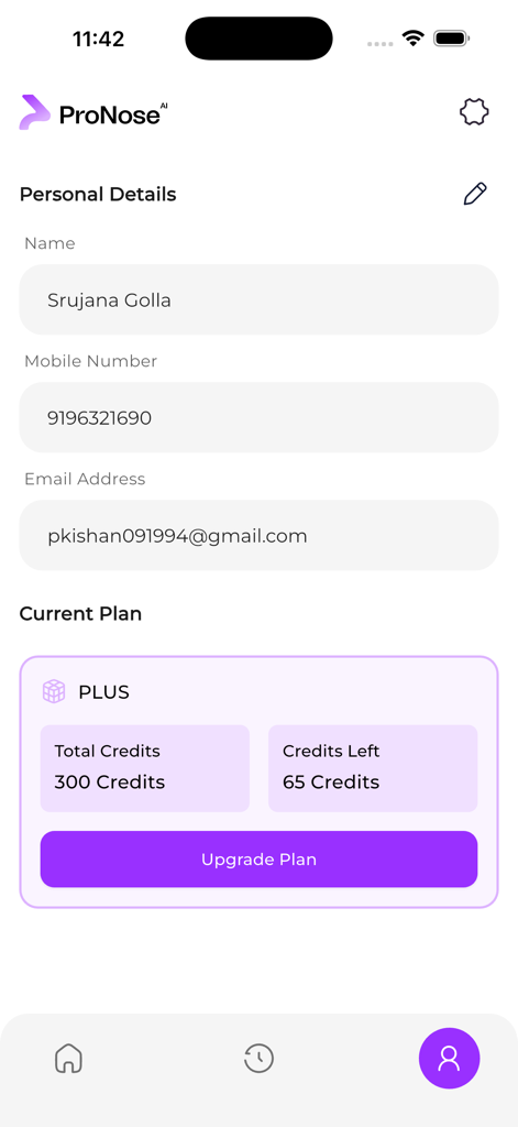 User account and subscription details screen in the ProNose AI app