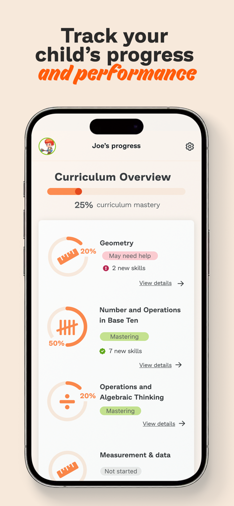 Mobile app interface of Prodigy for Parents showing child curriculum progress and math mastery statistics