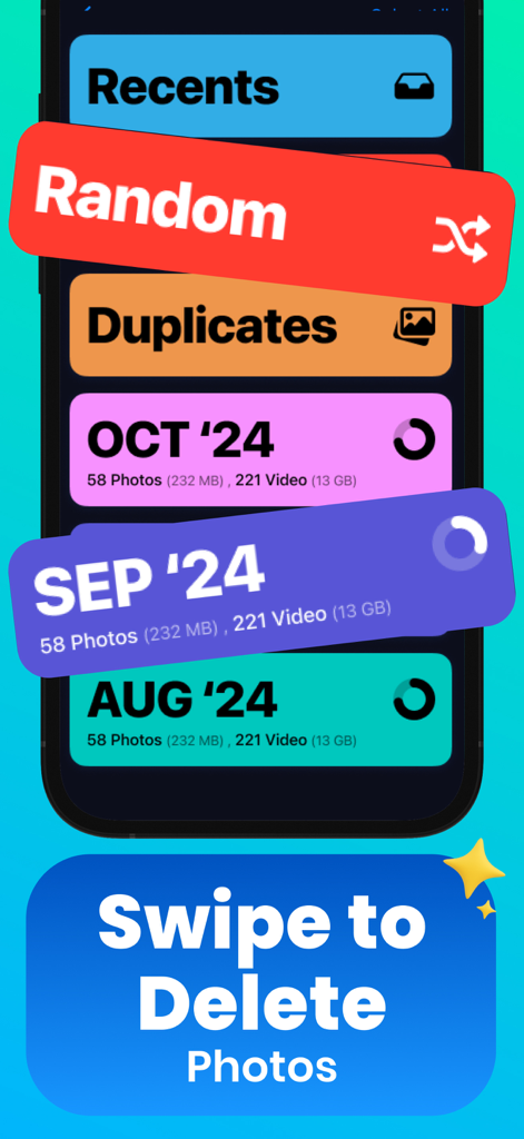 AI Phone Cleaner・Clean Storage - Interface of AI Phone Cleaner app showing storage organization by month and a swipe to delete feature