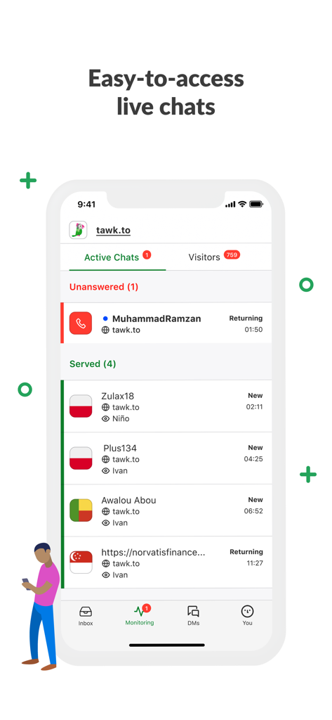 Tawk.to mobile app interface showing real-time website visitor monitoring and active live chats