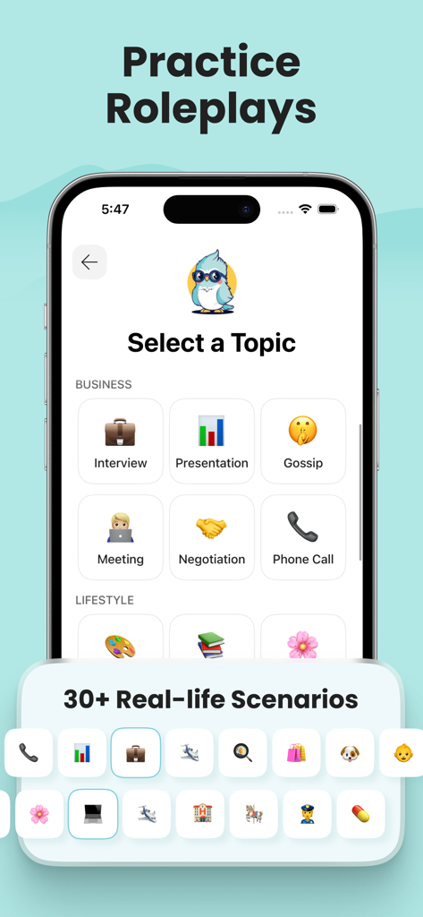 Speak&Practice: Kippy AI Tutor - A smartphone interface displaying various business and lifestyle roleplay categories for language practice.