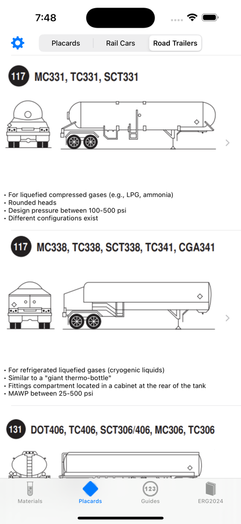 Cargo Decoder Plus - A reference screen from Cargo Decoder Plus showing technical diagrams and descriptions for different types of hazardous material road trailers