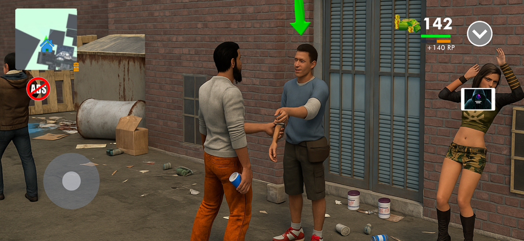 Captura de pantalla del juego que muestra la interacción de un personaje en un callejón urbano de Drugs Dealer Gang Wars