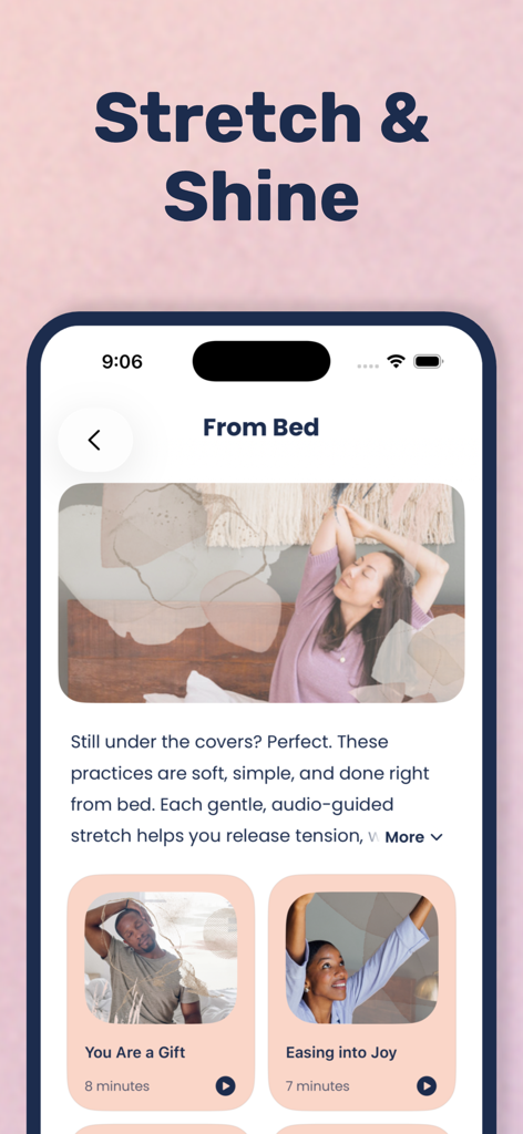 Yoga Wake Up: Alarm & Stretch - Yoga Wake Up app screen showing audio-guided morning stretch sessions to do from bed.