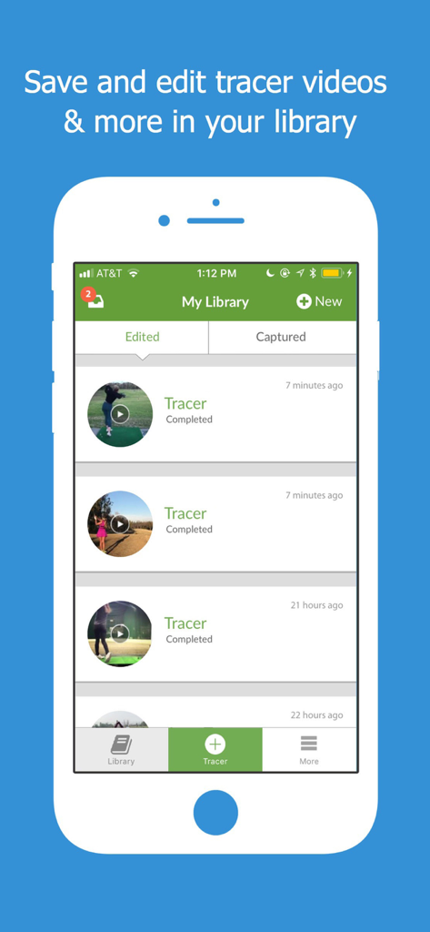 The Golf Tracer app interface showing a list of saved and edited golf shot videos in the user library