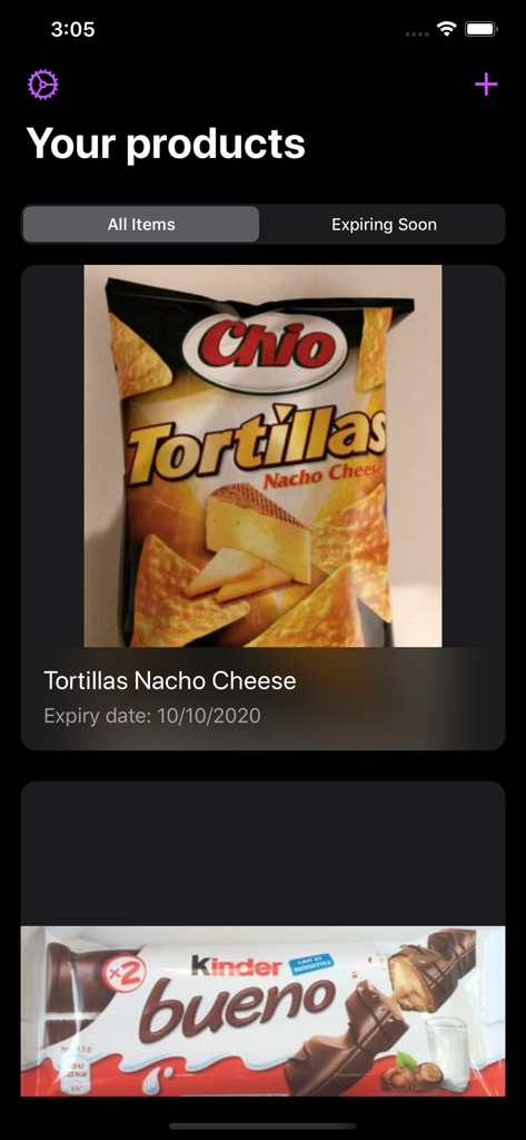 Best Before - Food Tracker - 追跡された食品製品のリストで、スナック写真とそのそれぞれの賞味期限が表示されている。