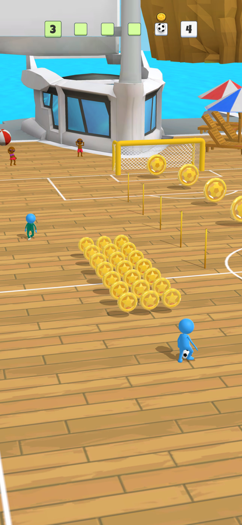 A 3D casual soccer game screen showing a blue character aiming a ball through rows of gold coins on a beach stadium deck