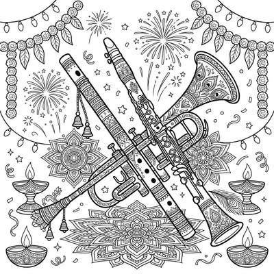 Immerse yourself in the festive spirit of Diwali with this intricate coloring page. Featuring beautifully adorned wind instruments amidst traditional rangoli designs and glowing diyas, it's a perfect blend of music and celebration.
