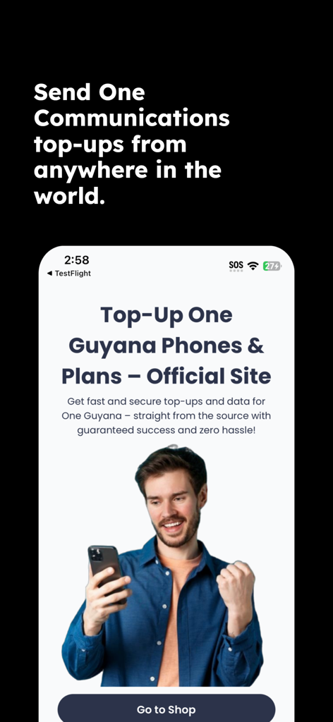 One Communications Topup App - Official One Communications app screen for sending mobile top ups to Guyana from anywhere in the world